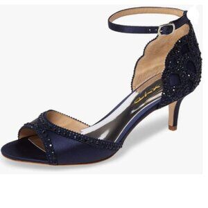 XYD Navy Open Toe Rhinestones Ankle Strap Sandals High Heel Bridal Evening Shoes